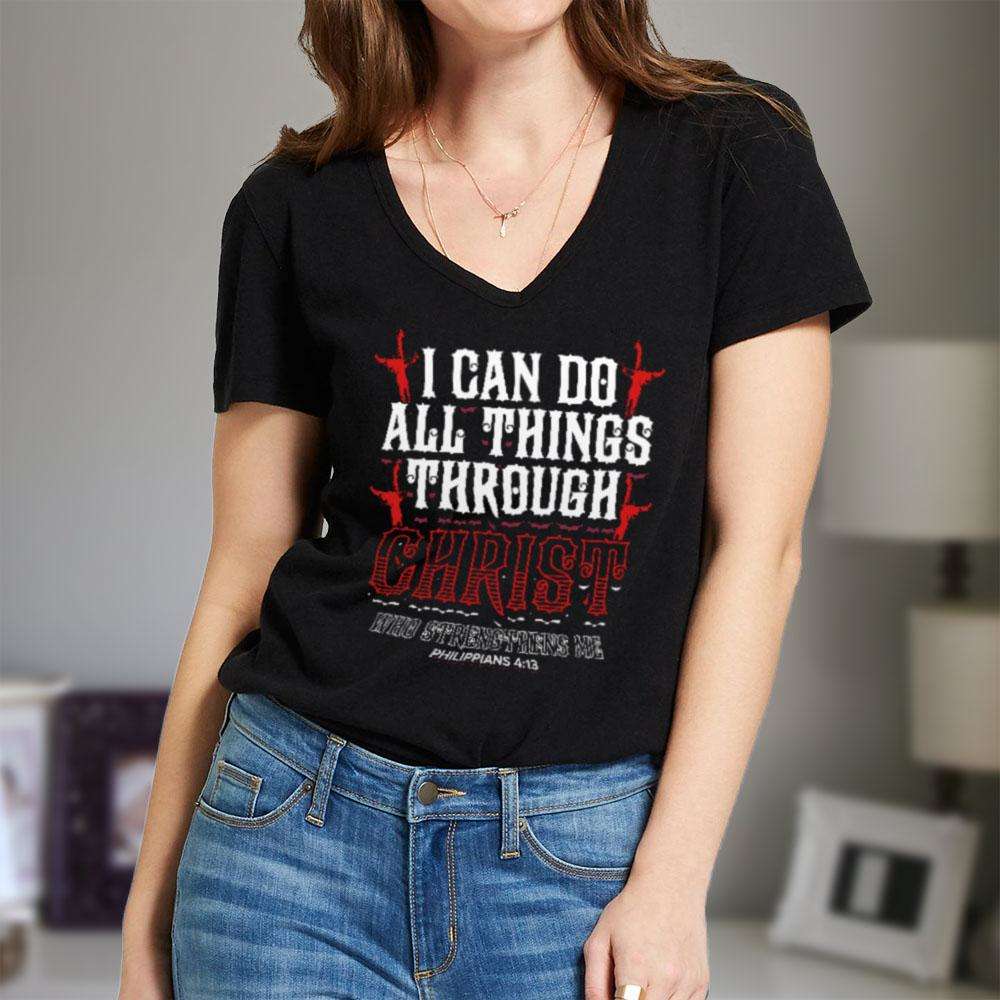 Designs by MyUtopia Shout Out:I Can Do All Things Through Christ Ladies' V-Neck T-Shirt,Black / S,Ladies T-Shirts