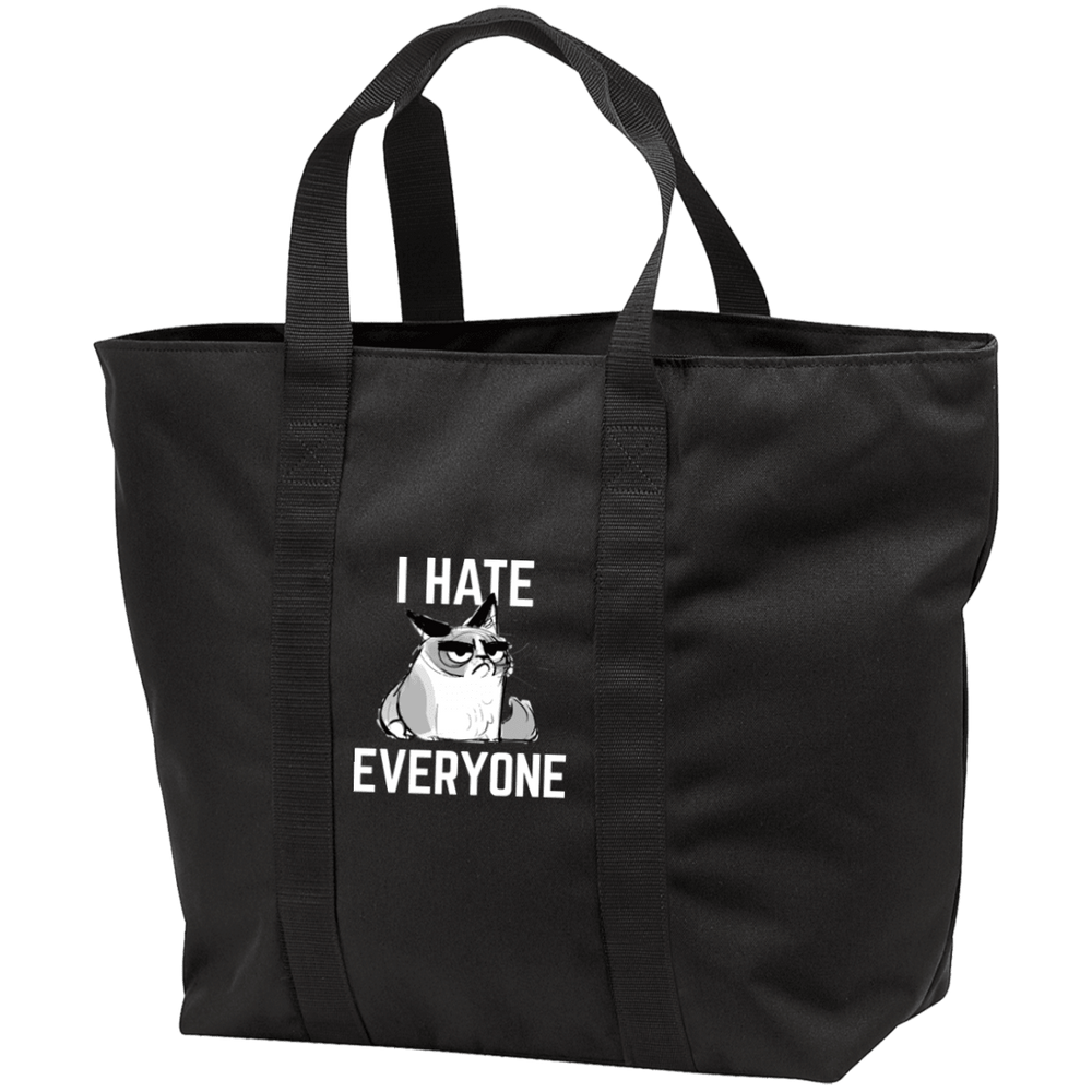 Designs by MyUtopia Shout Out:I Hate Everyone Inspired by Grumpy Cat Embroidered . All Purpose Tote Bag w Zipper Closure and side pocket,Black/Black / One Size,Totebag
