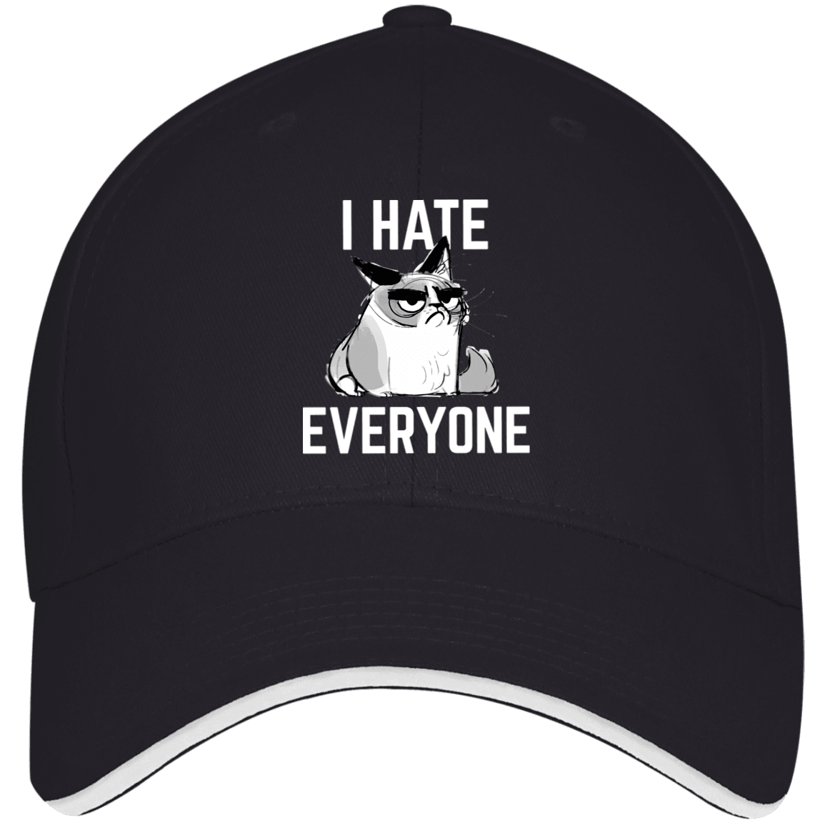 Designs by MyUtopia Shout Out:I Hate Everyone Inspired by Grumpy Cat Embroidered Structured Twill Baseball Cap With Sandwich Visor,Navy/White / One Size,Hats