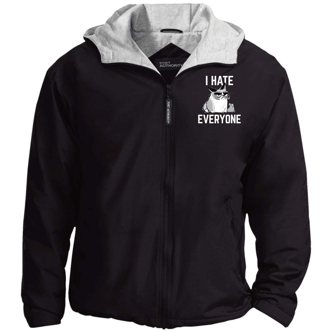 Designs by MyUtopia Shout Out:I Hate Everyone Inspired by Grumpy Cat Embroidered  Team Jacket,Black/Light Oxford / X-Small,Jackets