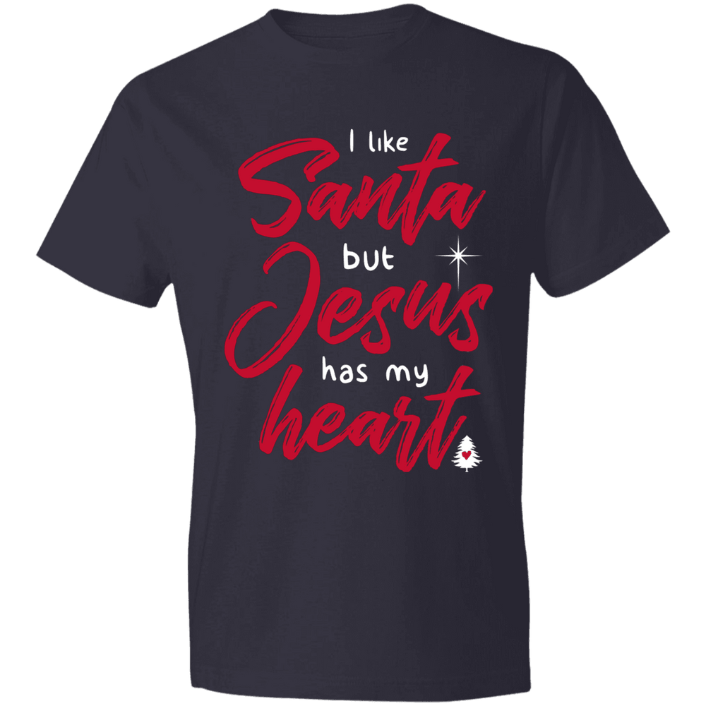 Designs by MyUtopia Shout Out:I Like Santa but Jesus Has My Heart - Lightweight T-Shirt,Navy / S,Adult Unisex T-Shirt