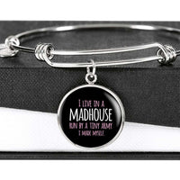 Load image into Gallery viewer, Designs by MyUtopia Shout Out:I Live in a MadHouse Run By a Tiny Army I Made Engravable Keepsake Bangle Round Bracelet - Black,Silver / No,Bracelets
