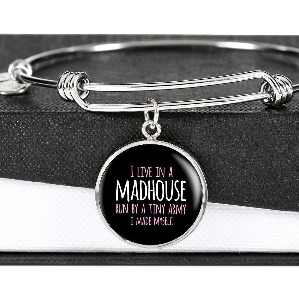 Designs by MyUtopia Shout Out:I Live in a MadHouse Run By a Tiny Army I Made Engravable Keepsake Bangle Round Bracelet - Black,Silver / No,Bracelets