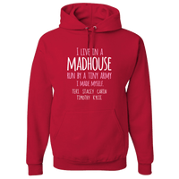 Load image into Gallery viewer, Designs by MyUtopia Shout Out:I Live in a MadHouse Run By a Tiny Army I Made Personalized Adult Hoodie,True Red / S,Pullover Hoodie
