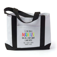 Load image into Gallery viewer, Designs by MyUtopia Shout Out:I Live in a MadHouse Run By a Tiny Army I Made Personalized Canvas Totebag Gym / Beach / Pool Gear Bag
