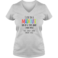 Load image into Gallery viewer, Designs by MyUtopia Shout Out:I Live in a MadHouse Run By a Tiny Army I Made Personalized Ladies V Neck Tee,Athletic Heather / S,Ladies T-Shirts

