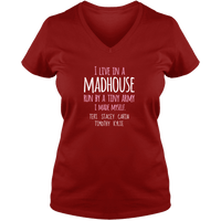 Load image into Gallery viewer, Designs by MyUtopia Shout Out:I Live in a MadHouse Run By a Tiny Army I Made Personalized Ladies V Neck Tee,True Red / S,Ladies T-Shirts
