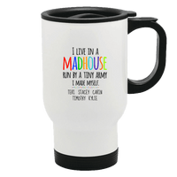 Load image into Gallery viewer, Designs by MyUtopia Shout Out:I Live in a MadHouse Run By a Tiny Army I Made Personalized with Kid&#39;s Names 14 oz Stainless Steel Travel Coffee Mug w. Twist Close Lid
