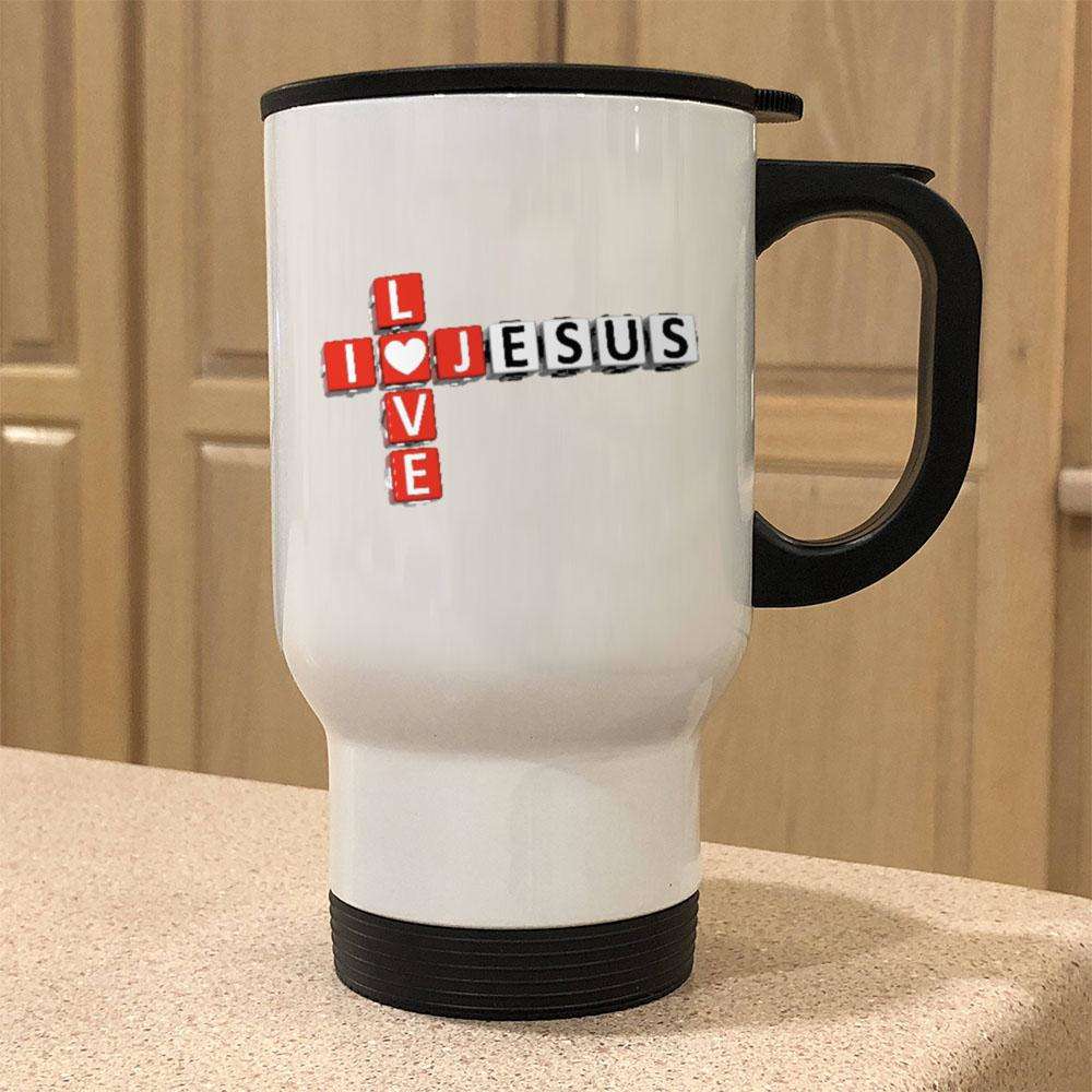Designs by MyUtopia Shout Out:I Love Jesus Crossword 14 oz Stainless Steel Travel Coffee Mug w. Twist Close Lid