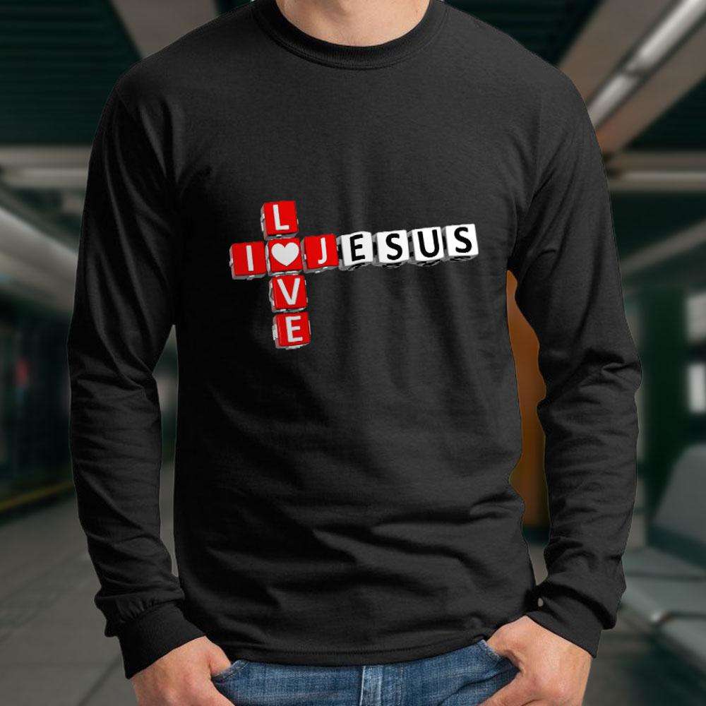 Designs by MyUtopia Shout Out:I Love Jesus Crossword Adult Long Sleeve Tee