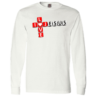 Load image into Gallery viewer, Designs by MyUtopia Shout Out:I Love Jesus Crossword Adult Long Sleeve Tee,White / S,Long Sleeve T-Shirts
