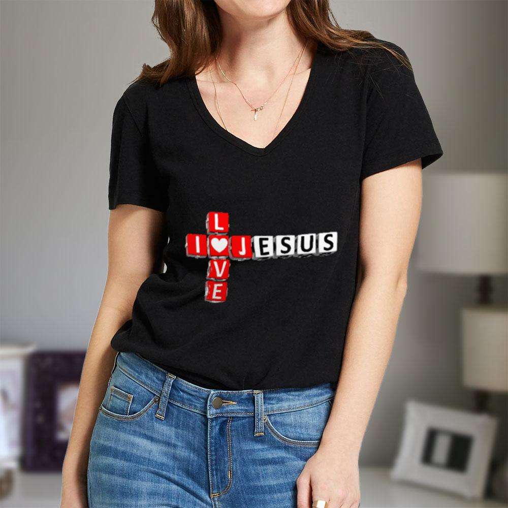 Designs by MyUtopia Shout Out:I Love Jesus Crossword Adult Unisex V Neck Tee