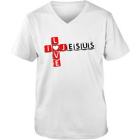 Load image into Gallery viewer, Designs by MyUtopia Shout Out:I Love Jesus Crossword Adult Unisex V Neck Tee,White / S,Ladies T-Shirts
