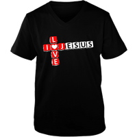 Load image into Gallery viewer, Designs by MyUtopia Shout Out:I Love Jesus Crossword Adult Unisex V Neck Tee,Black / S,Ladies T-Shirts

