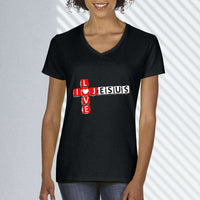 Load image into Gallery viewer, Designs by MyUtopia Shout Out:I Love Jesus Crossword Adult Unisex V Neck Tee
