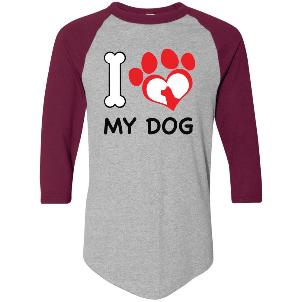 Designs by MyUtopia Shout Out:I Love My Dog 3/4 Length Sleeve Color block Raglan Jersey T-Shirt,Athletic Heather/Maroon / S,Long Sleeve T-Shirts