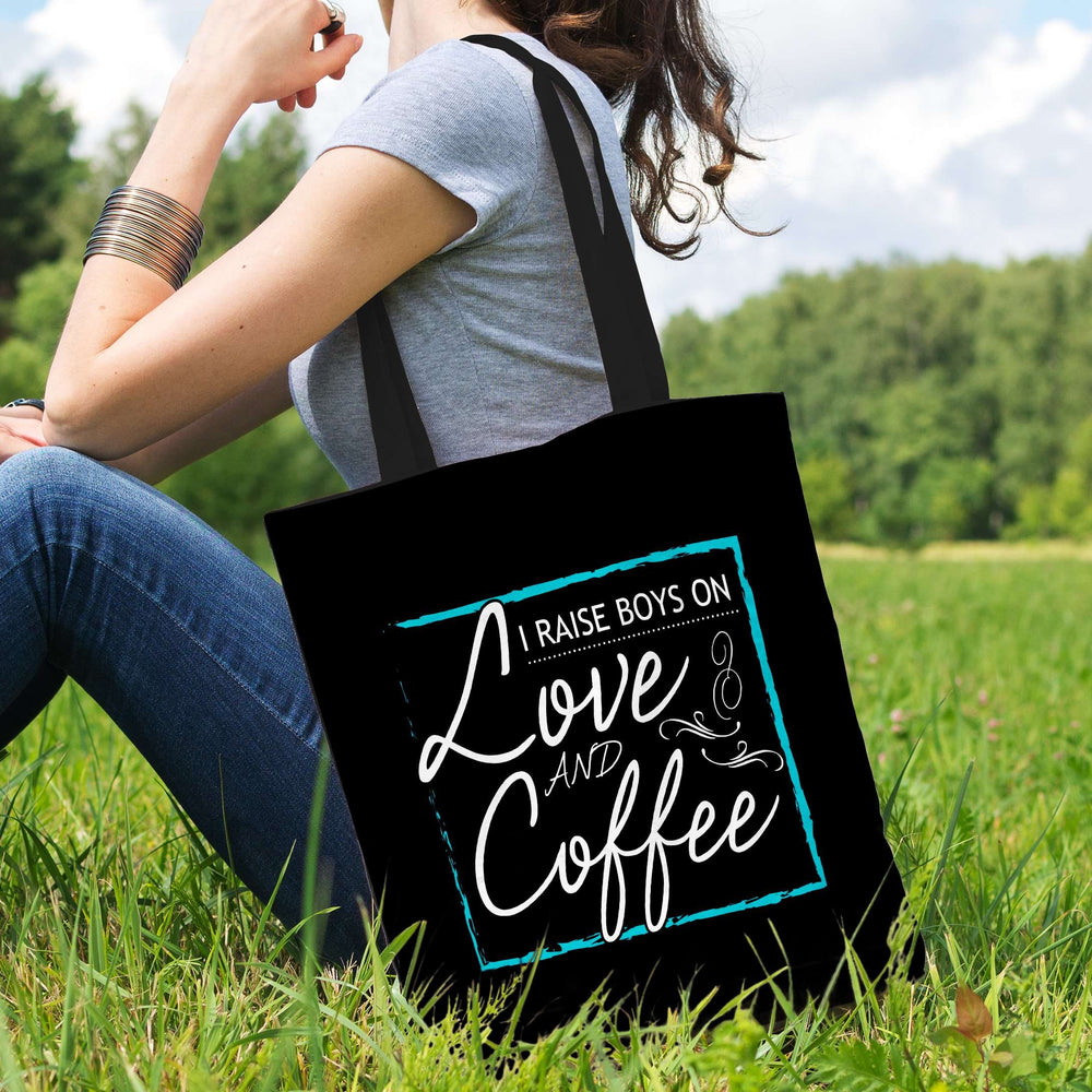 Designs by MyUtopia Shout Out:I Raise Boys On Love and Coffee Fabric Totebag Reusable Shopping Tote
