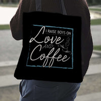 Load image into Gallery viewer, Designs by MyUtopia Shout Out:I Raise Boys On Love and Coffee Fabric Totebag Reusable Shopping Tote
