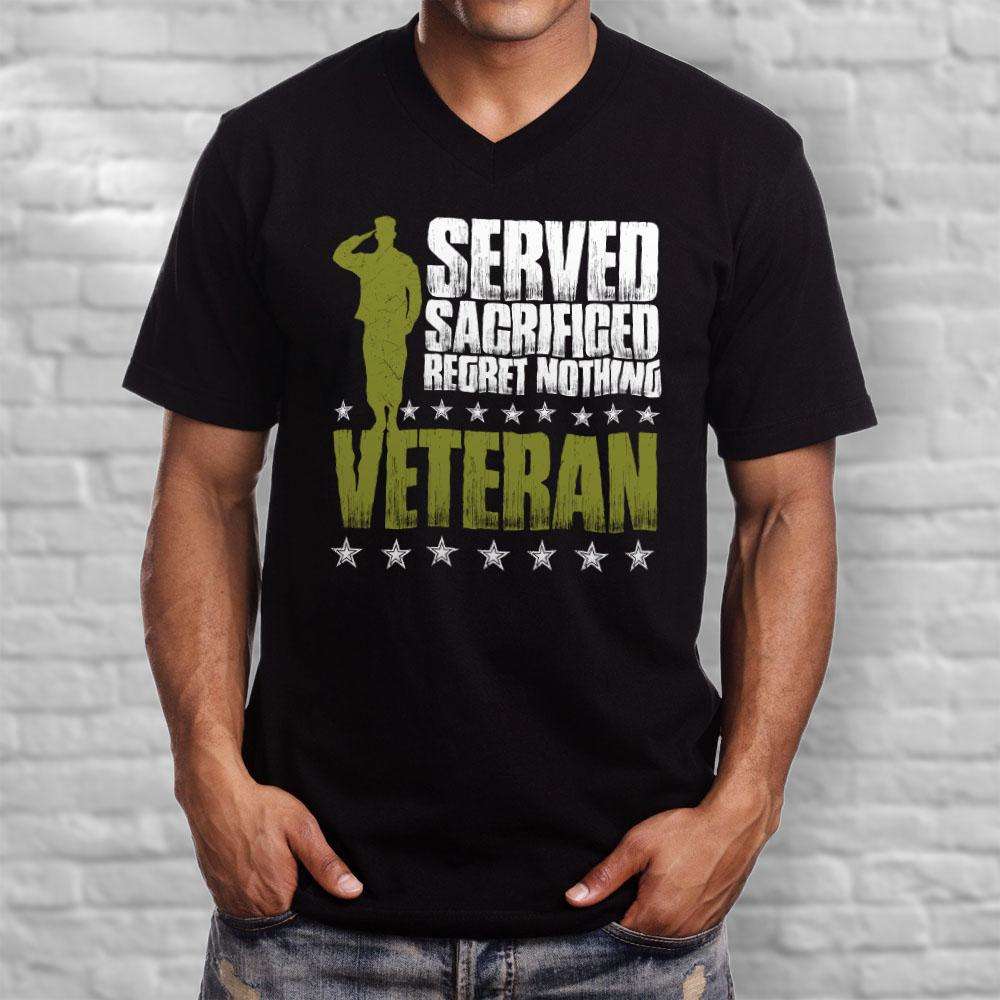 Designs by MyUtopia Shout Out:I Served, I Sacrificed and Regret Nothing - Veteran Men's Printed V-Neck T-Shirt