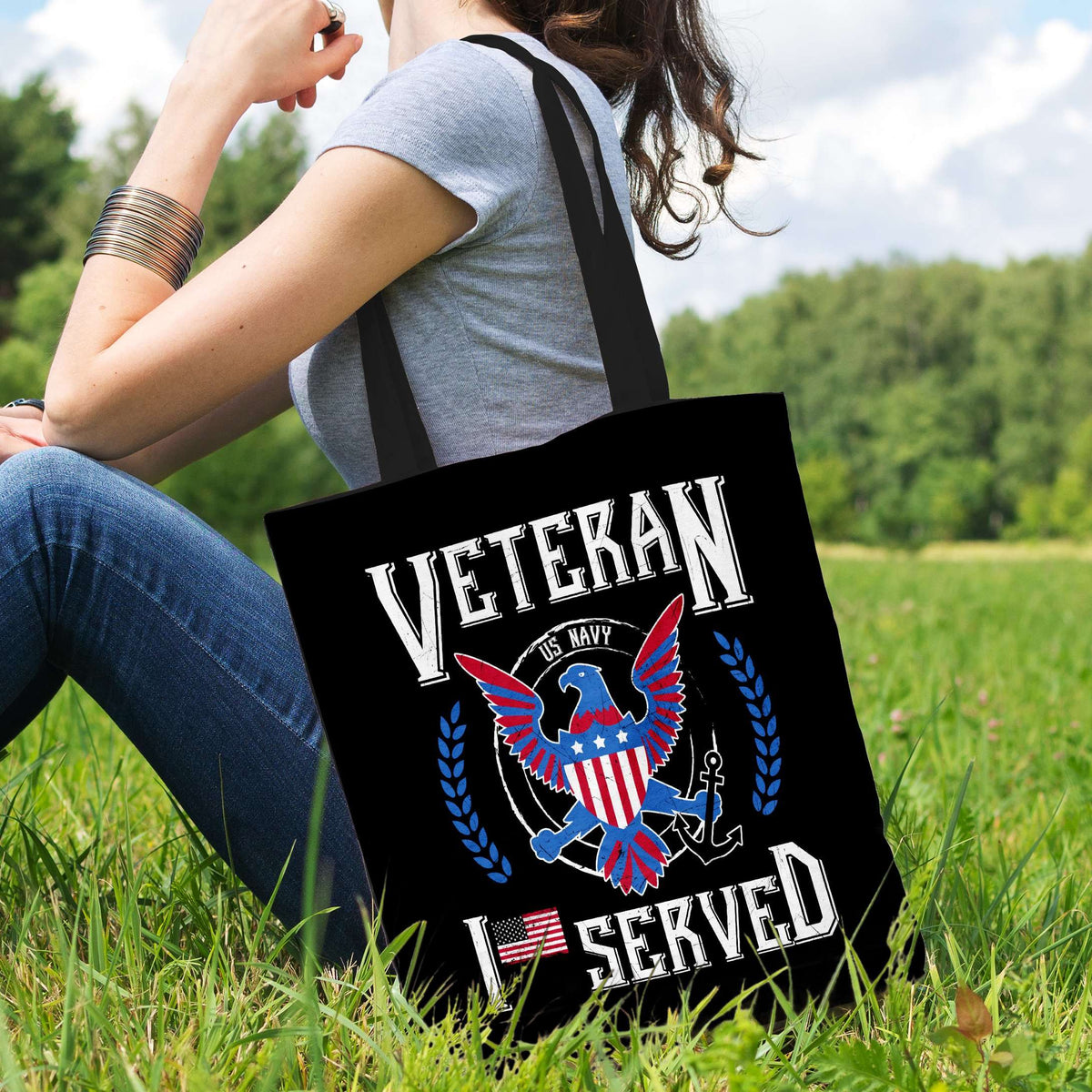 Designs by MyUtopia Shout Out:I Served U.S. Navy Veteran Fabric Totebag Reusable Shopping Tote