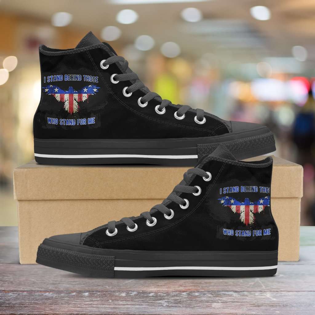 Designs by MyUtopia Shout Out:I Stand Behind Those Who Stand For Me Canvas High Top Shoes,Men's / Mens US 5 (EU38) / Black,High Top Sneakers