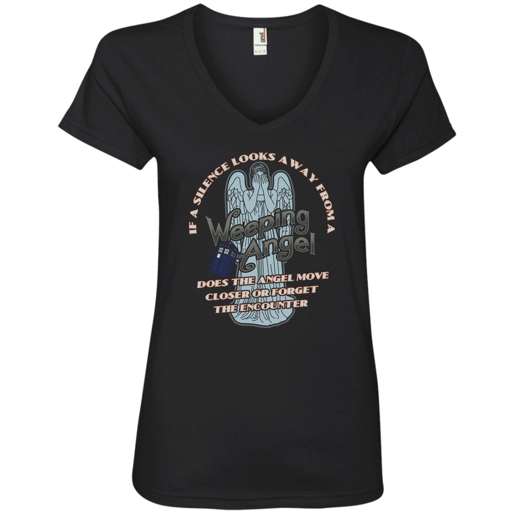 Designs by MyUtopia Shout Out:If a Silence Looks away from a Weeping Angel... Ladies' V-Neck T-Shirt - Black,S / Black,Ladies T-Shirts