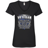 Load image into Gallery viewer, Designs by MyUtopia Shout Out:I&#39;m A Veteran Don&#39;t Mess With Me Ladies&#39; V-Neck T-Shirt,Black / S,Ladies T-Shirts
