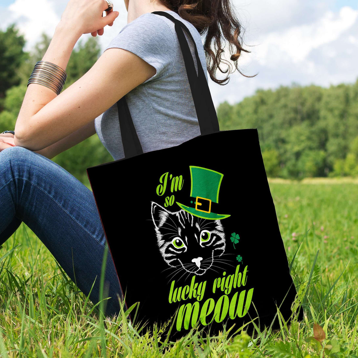 Designs by MyUtopia Shout Out:I'm So Lucky Right Meow Fabric Totebag Reusable Shopping Tote