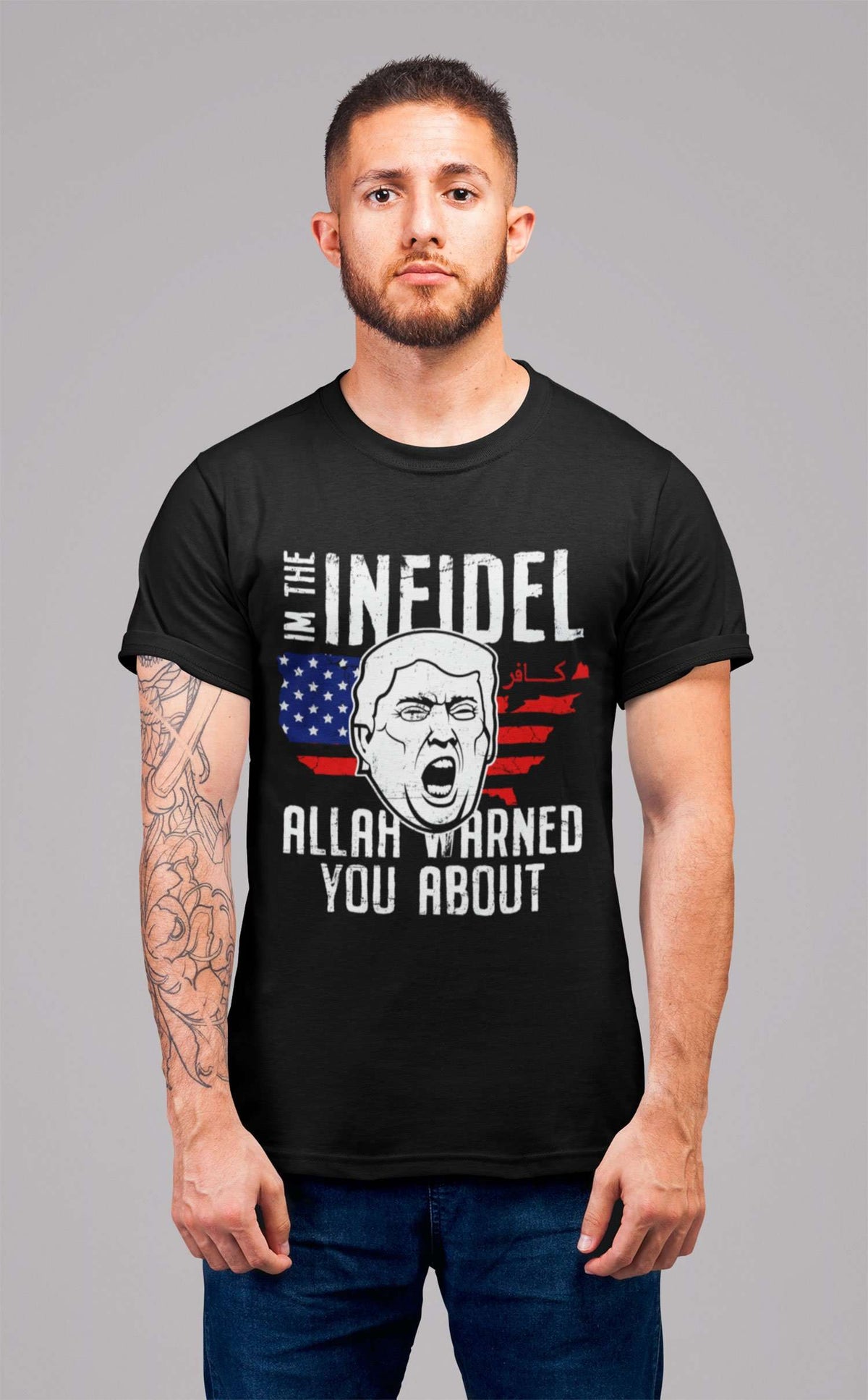 Designs by MyUtopia Shout Out:I'm The Infidel Allah Warned You About Trump Face Unisex Jersey Short-Sleeve T-Shirt
