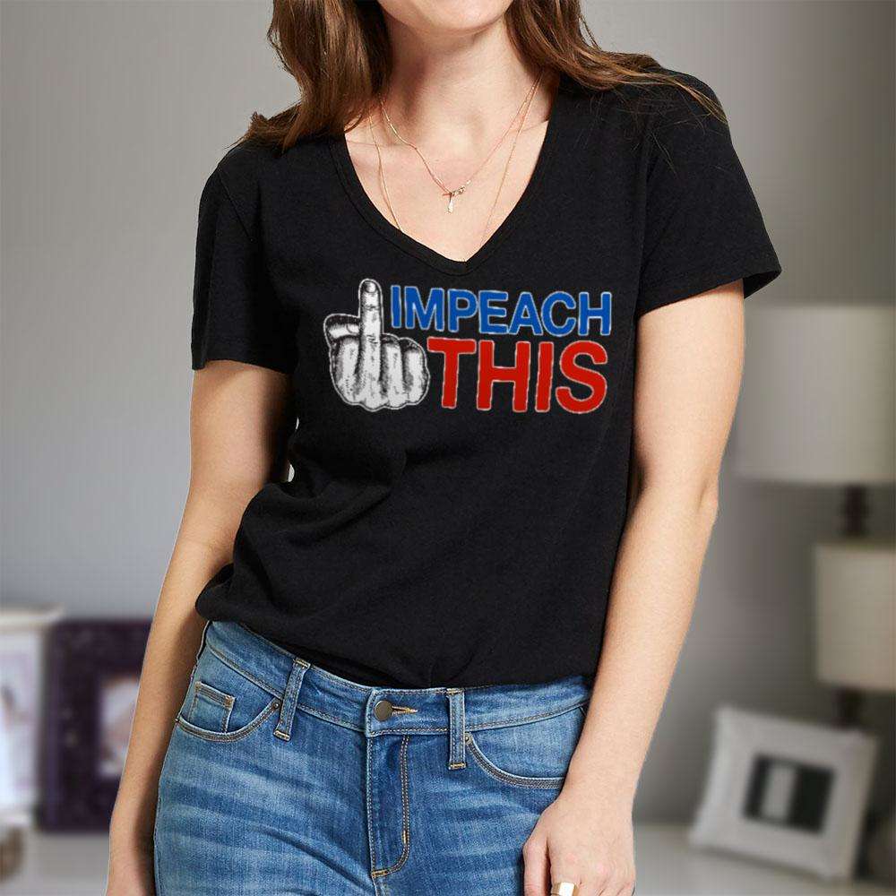 Designs by MyUtopia Shout Out:Impeach This Dirty Finger Trump Humor Ladies' V-Neck T-Shirt