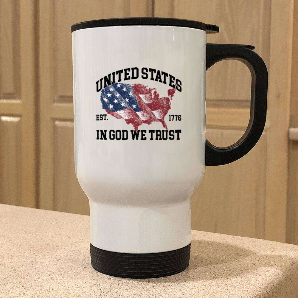 Designs by MyUtopia Shout Out:In God We Trust Stainless Steel Travel Coffee Mug w. Twist Close Lid,White / 14 oz,Travel Mug