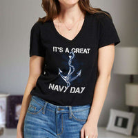Load image into Gallery viewer, Designs by MyUtopia Shout Out:It&#39;s A Great Navy Day Ladies&#39; V-Neck T-Shirt,Black / S,Ladies T-Shirts
