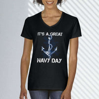 Load image into Gallery viewer, Designs by MyUtopia Shout Out:It&#39;s A Great Navy Day Ladies&#39; V-Neck T-Shirt
