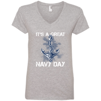 Load image into Gallery viewer, Designs by MyUtopia Shout Out:It&#39;s A Great Navy Day Ladies&#39; V-Neck T-Shirt,Heather Grey / S,Ladies T-Shirts
