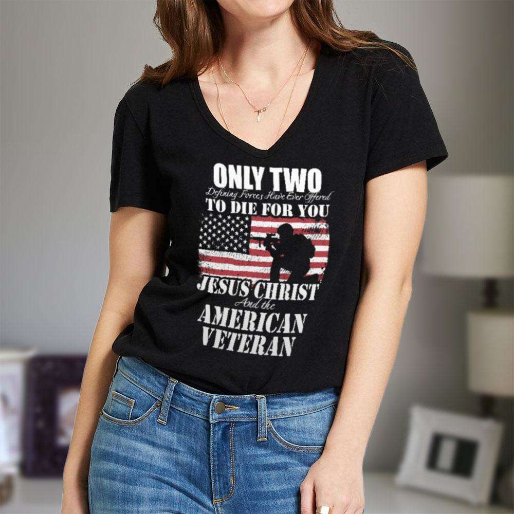 Designs by MyUtopia Shout Out:Jesus Christ & The American Veteran Ladies' V-Neck T-Shirt