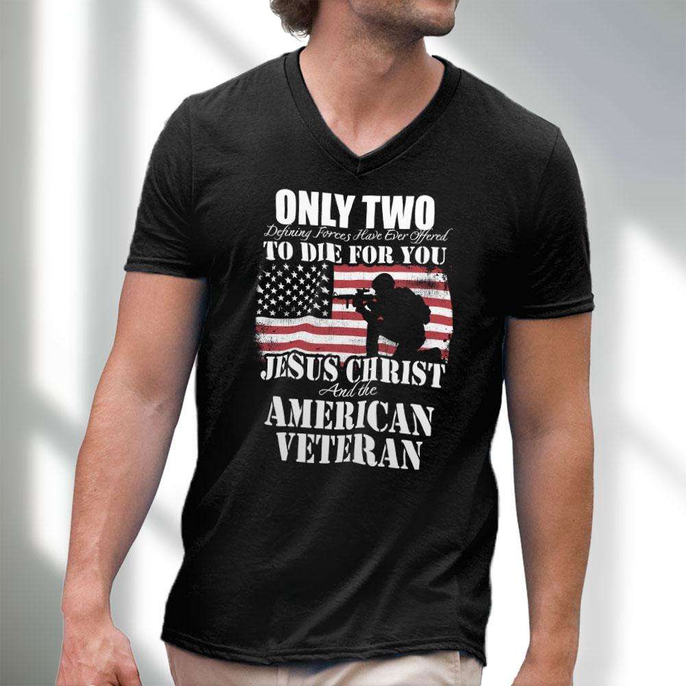 Designs by MyUtopia Shout Out:Jesus Christ & The American Veteran Men's Printed V-Neck T-Shirt
