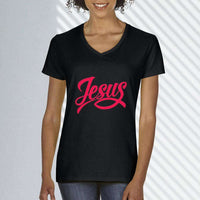 Load image into Gallery viewer, Designs by MyUtopia Shout Out:Jesus Fish Christian Unisex V-Neck Tee
