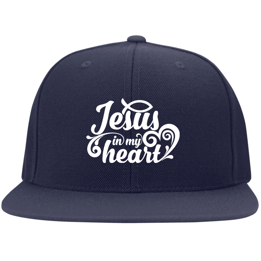 Designs by MyUtopia Shout Out:Jesus in My Heart Embroidered Flat Bill Twill Flex-fit Cap - Navy Blue,Navy / S/M,Hats