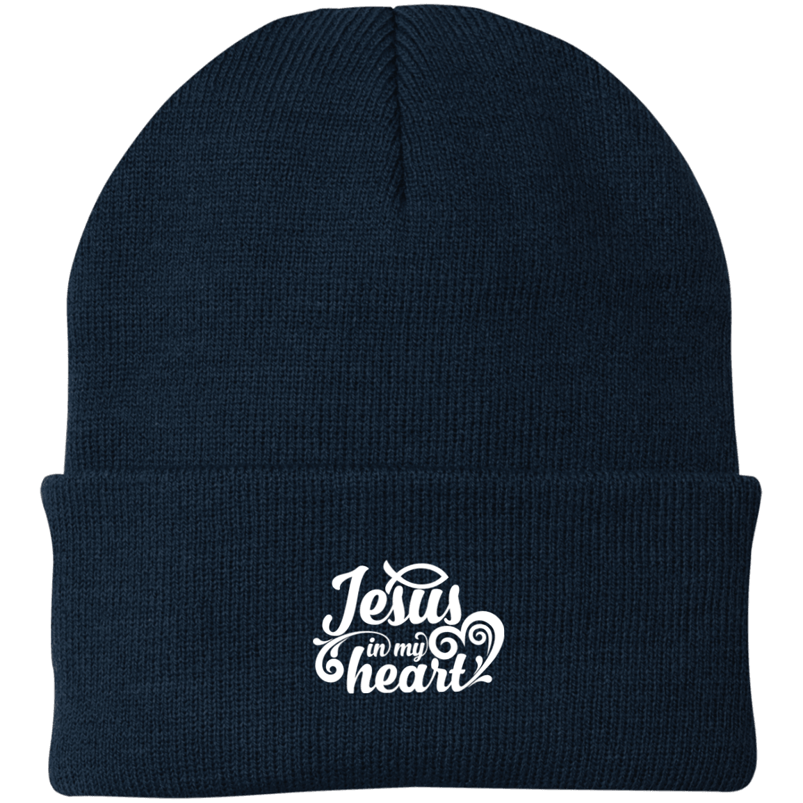 Designs by MyUtopia Shout Out:Jesus in My Heart Embroidered Port Authority Knit Beanie Cap - Navy Blue,Navy / One Size,Hats