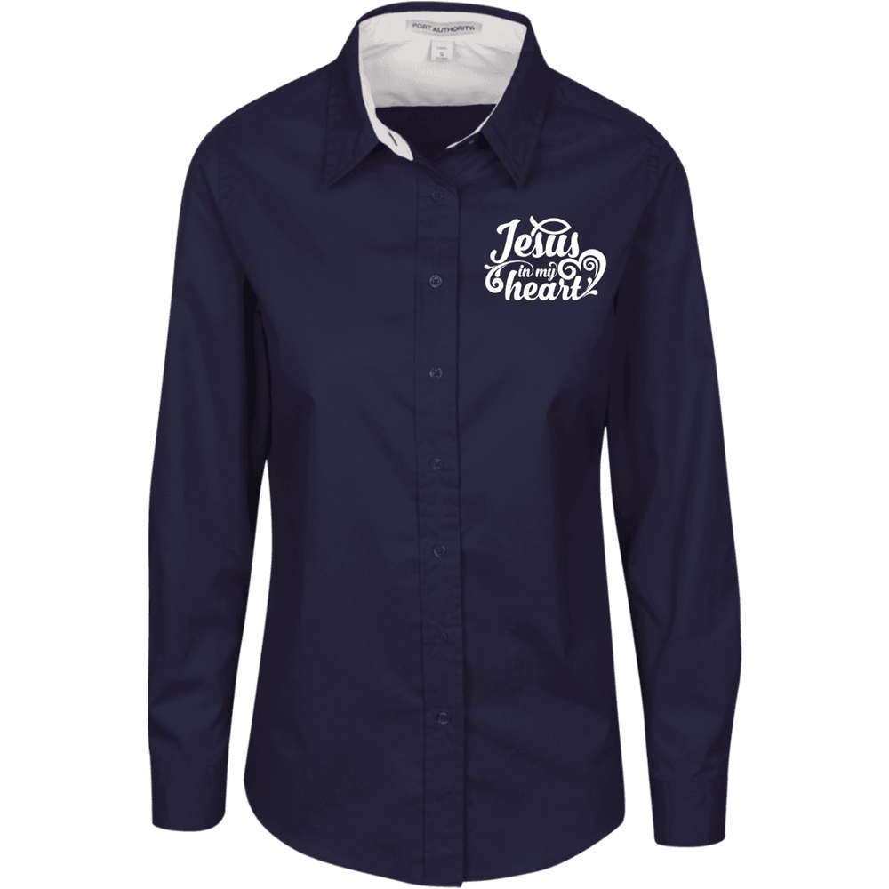 Designs by MyUtopia Shout Out:Jesus in My Heart Embroidered Port Authority Ladies' Long Sleeve Blouse - Navy Blue,Navy/Light Stone / X-Small,Dress Shirts
