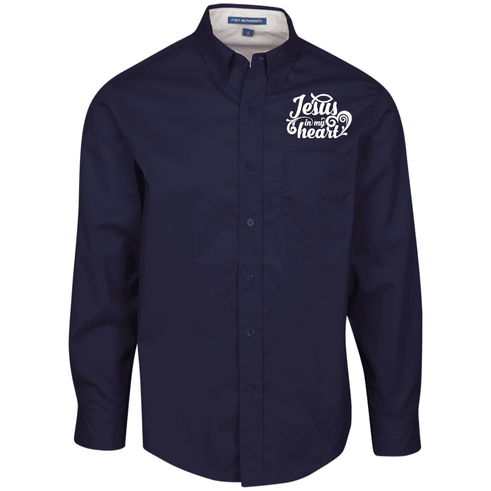 Designs by MyUtopia Shout Out:Jesus in My Heart Embroidered Port Authority Men's Long Sleeve Dress Shirt - Navy Blue,Navy/Light Stone / X-Small,Dress Shirts