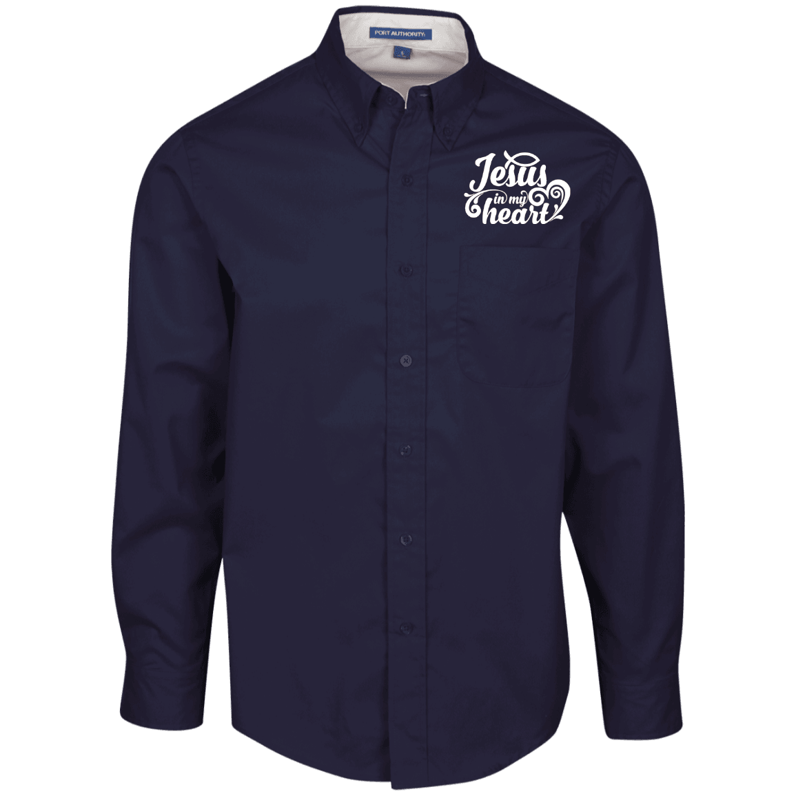 Designs by MyUtopia Shout Out:Jesus in My Heart Embroidered Port Authority Men's Long Sleeve Dress Shirt - Navy Blue,Navy/Light Stone / X-Small,Dress Shirts