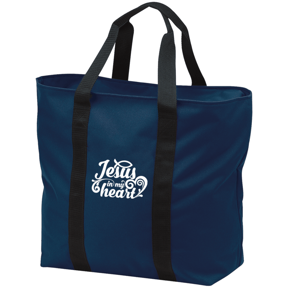 Designs by MyUtopia Shout Out:Jesus in My Heart Embroidered Port & Co. All Purpose Tote Bag - Navy Blue w Zipper Closure and side pocket,Navy/Black / One Size,Totebag