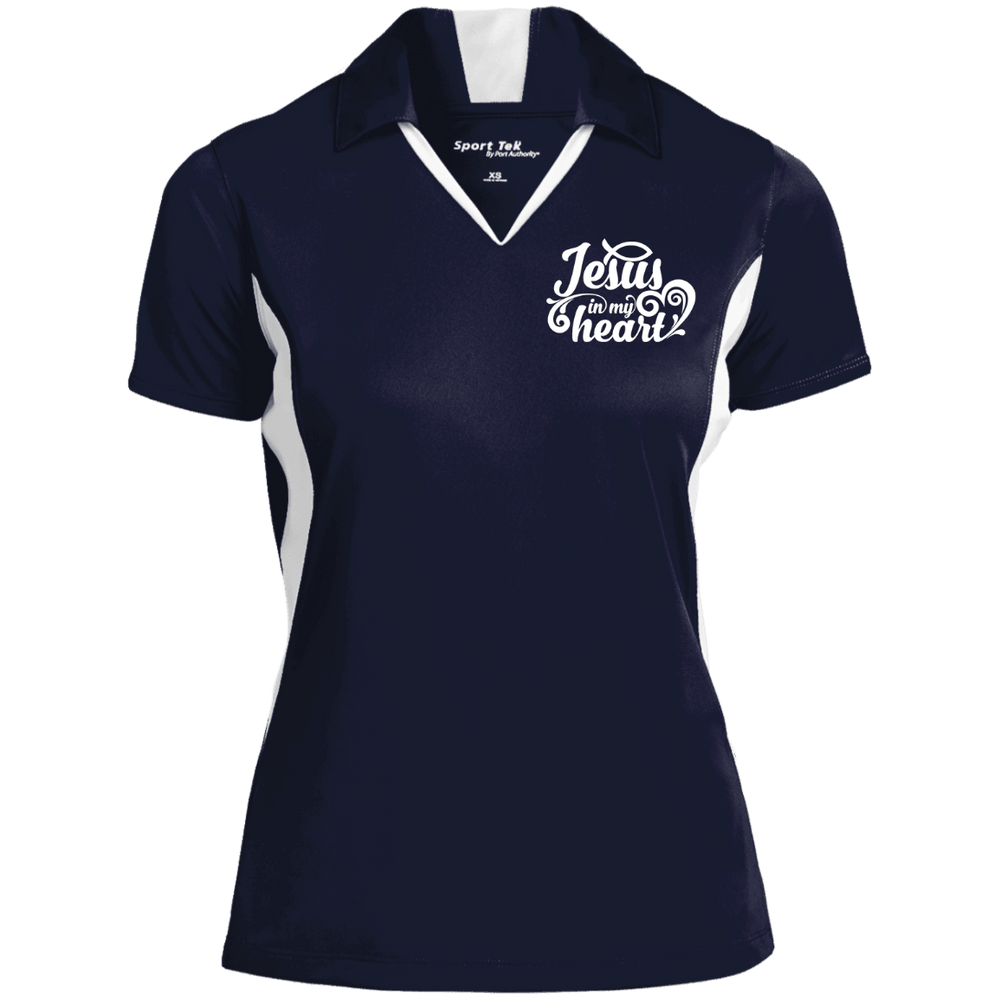 Designs by MyUtopia Shout Out:Jesus in My Heart Embroidered Sport-Tek Ladies' Colorblock Performance Polo - Navy Blue,True Navy/White / X-Small,Polo Shirts