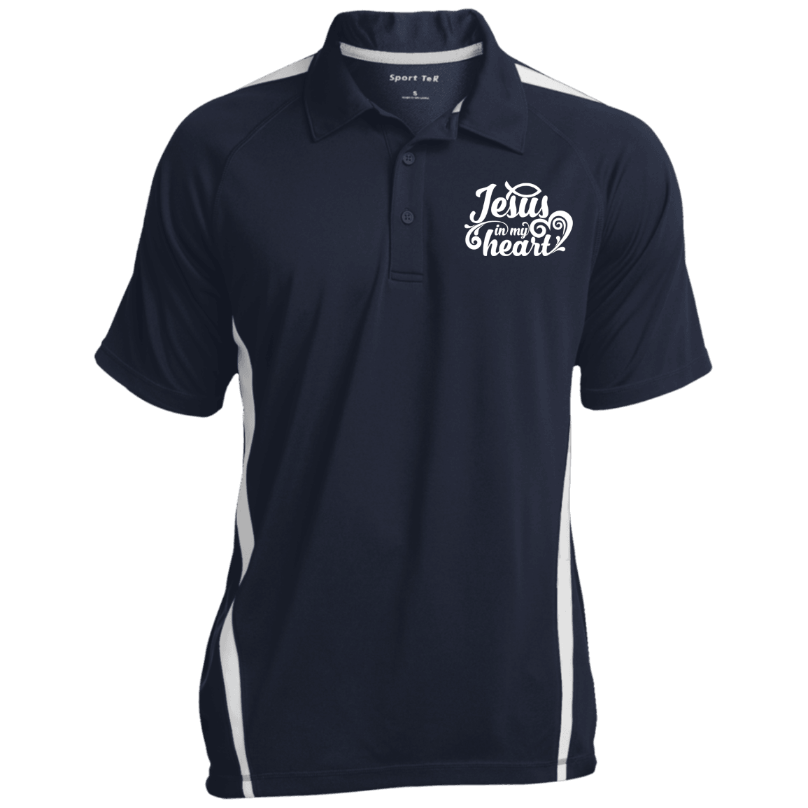 Designs by MyUtopia Shout Out:Jesus in My Heart Embroidered Sport-Tek Men's Colorblock 3-Button Polo - Navy Blue,True Navy/White / X-Small,Polo Shirts