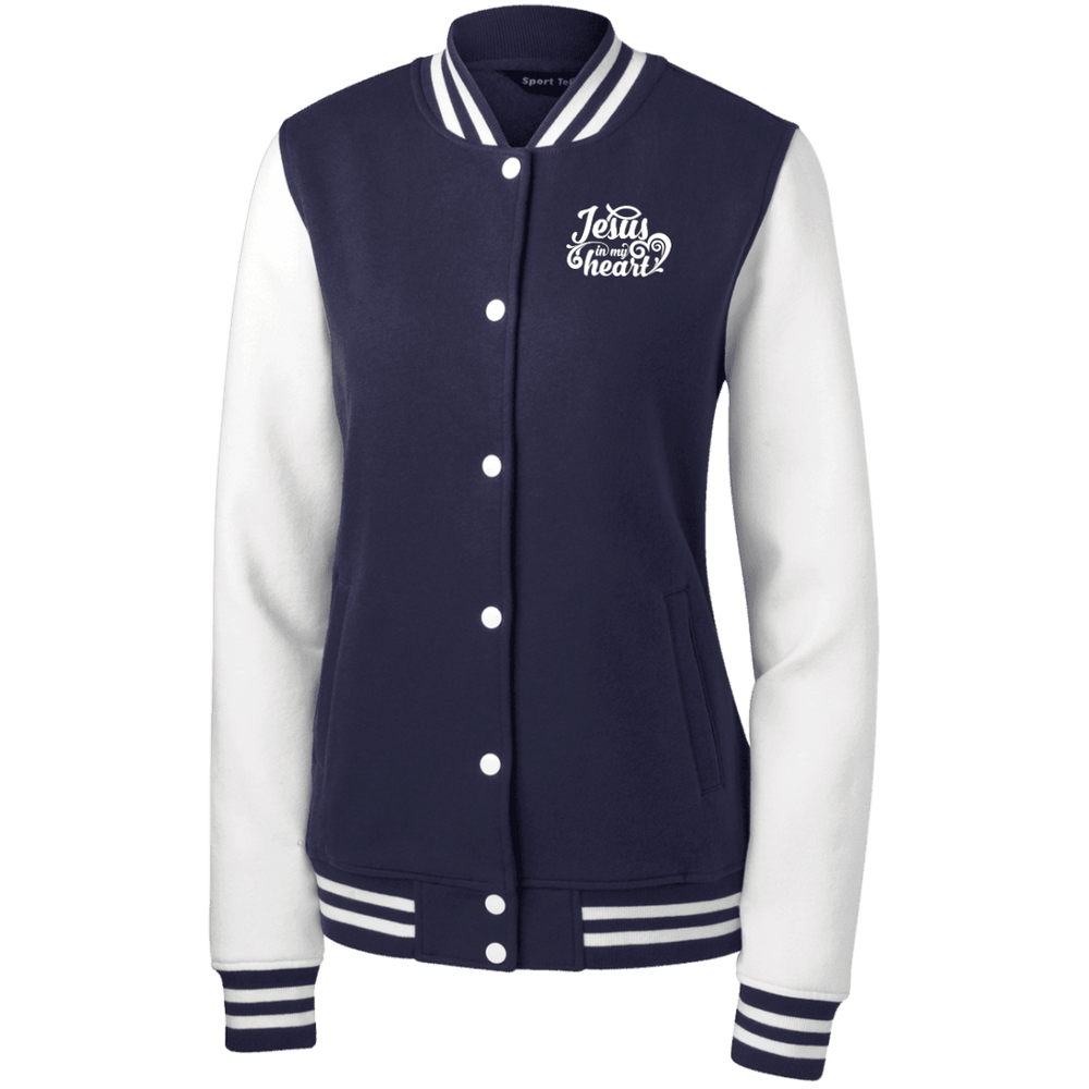 Designs by MyUtopia Shout Out:Jesus in My Heart Embroidered Sport-Tek Women's Fleece Letterman Jacket - Navy Blue,True Navy/White / X-Small,Sweatshirts