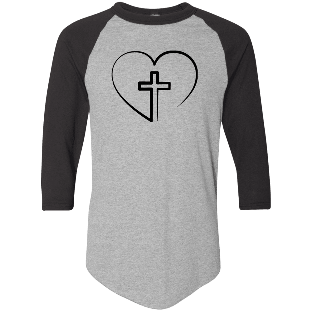 Designs by MyUtopia Shout Out:Jesus is inside My Heart Cross inside a Heart 3/4 Length Sleeve Color block Raglan Jersey T-Shirt,Athletic Heather/Black / S,Long Sleeve T-Shirts