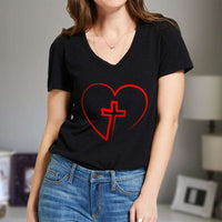 Load image into Gallery viewer, Designs by MyUtopia Shout Out:Jesus is inside My Heart Cross inside a Heart Ladies&#39; V-Neck T-Shirt
