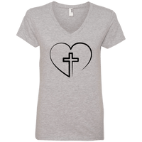 Load image into Gallery viewer, Designs by MyUtopia Shout Out:Jesus is inside My Heart Cross inside a Heart Ladies&#39; V-Neck T-Shirt,Heather Grey / S,Ladies T-Shirts

