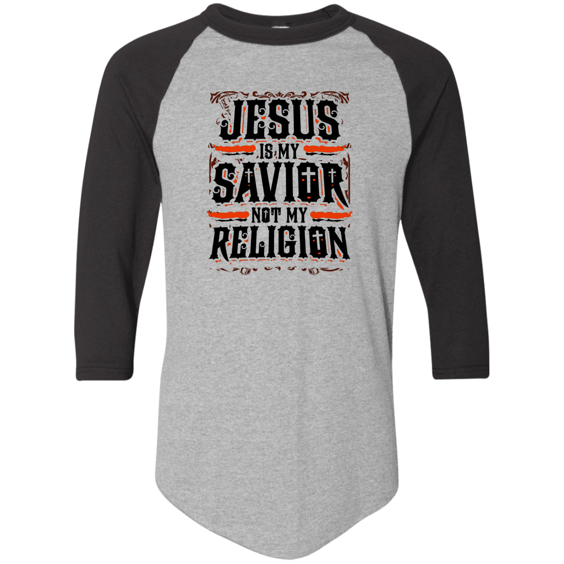 Designs by MyUtopia Shout Out:Jesus Is My Savior Not My Religion 3/4 Length Sleeve Color block Raglan Jersey T-Shirt,Athletic Heather/Black / S,Adult Unisex T-Shirt